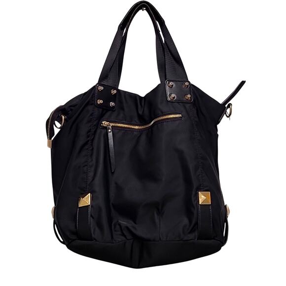 Aqua Madonna Black Nylon Shoulder Satchel Gold Hardware Zip Closure Tote Bag - Picture 1 of 10